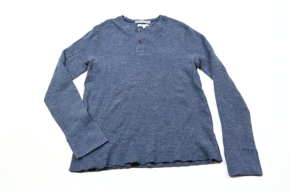 Wallace & Barnes Waffle Knit Thermal Henley Shirt Mens Large Blue Long Sleeve